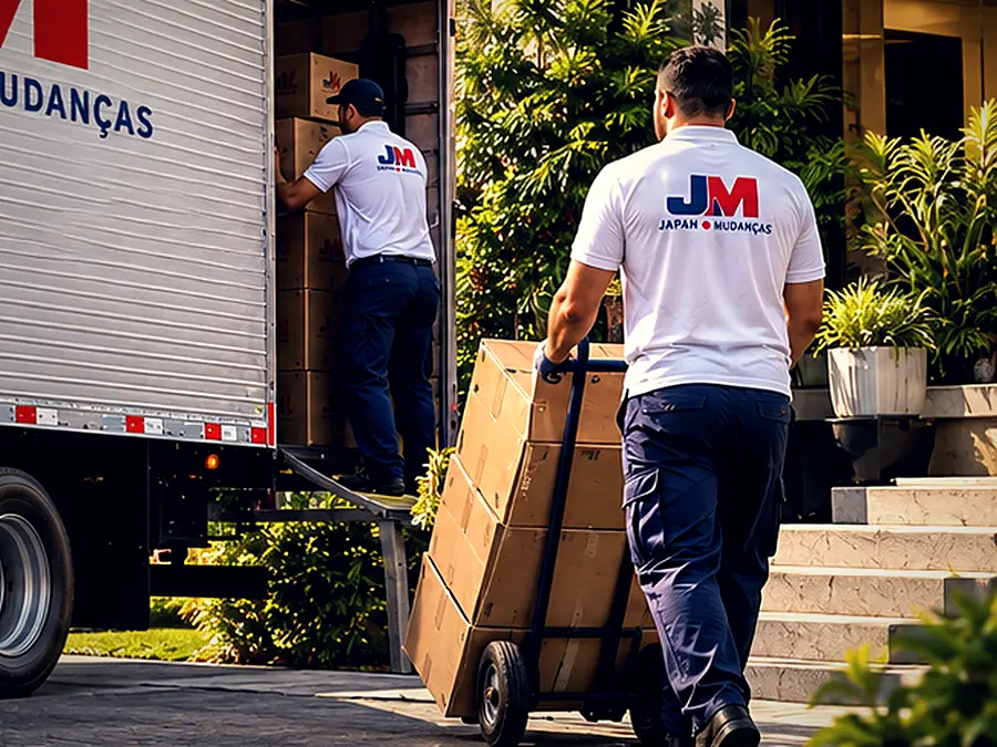 Equipe uniformizada da Japan Mudanças carregando caixas com carrinho para o baú do caminhão em mudança comercial